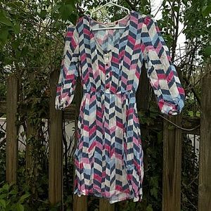 Dress w/ Pockets! Pink, Blue, & Beige, 3/4 Sleeves